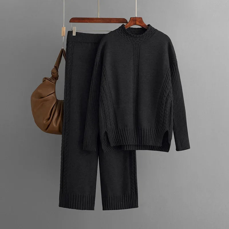 Casual Knit Sweater & High-Waist Pant Set