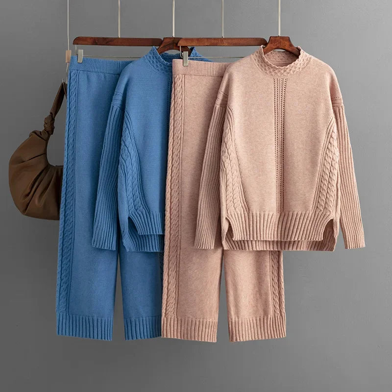 Casual Knit Sweater & High-Waist Pant Set