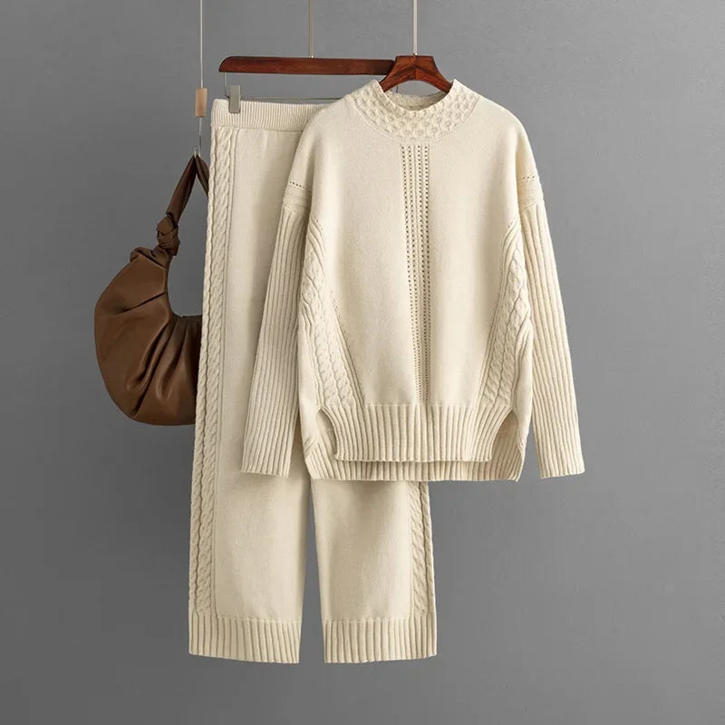 Casual Knit Sweater & High-Waist Pant Set