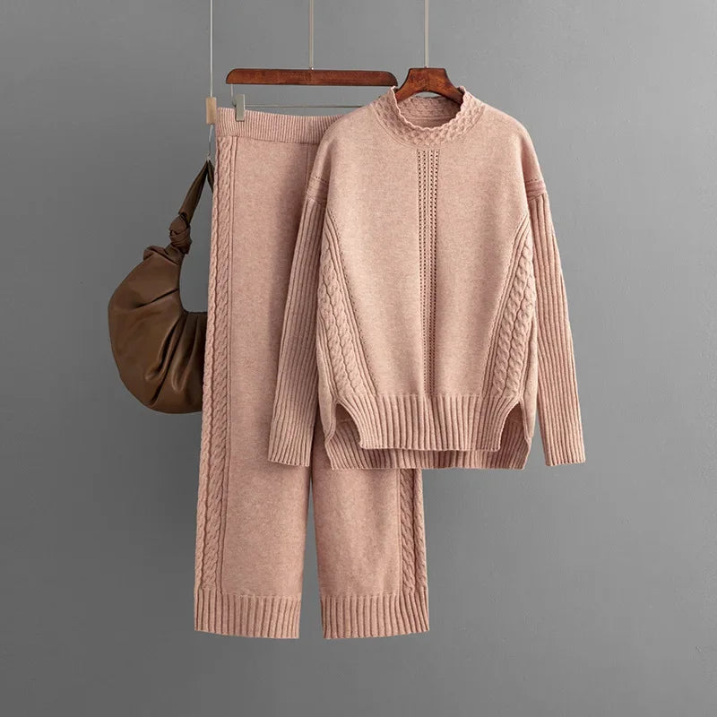 Casual Knit Sweater & High-Waist Pant Set