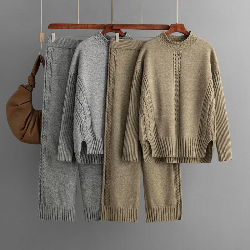 Casual Knit Sweater & High-Waist Pant Set